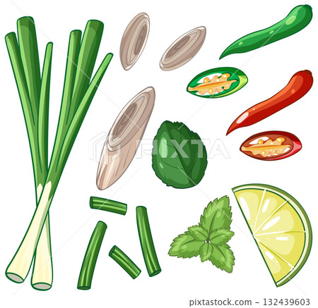 Asian Cuisine Ingredients Vector with Herbs and Spices 132439603