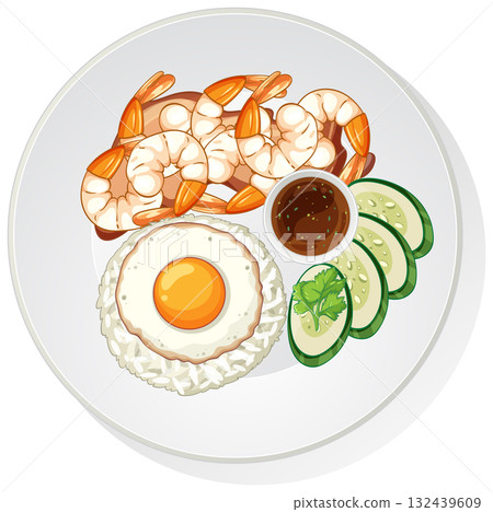 Shrimp, Fried Egg, Rice, and Cucumber Asian Meal Illustration Shrimp, Fried Egg, Rice, and Cucumber Asian Meal Illustration 132439609
