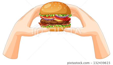 Hands Holding Classic Cheeseburger with Fresh Toppings Hands Holding Classic Cheeseburger with Fresh Toppings 132439615