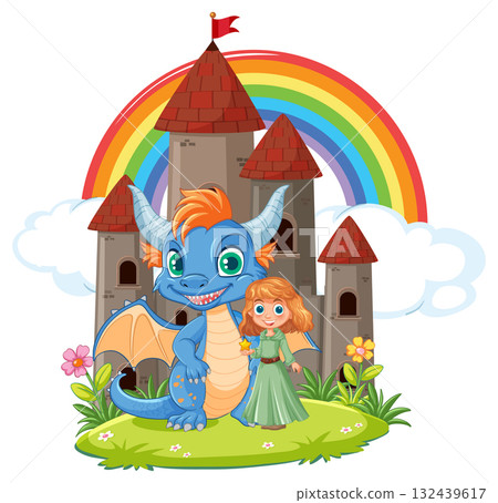 Friendly Blue Dragon and Princess Outside Fantasy Castle 132439617