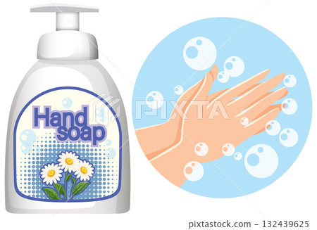 Liquid Hand Soap Bottle and Hand Washing Illustration 132439625