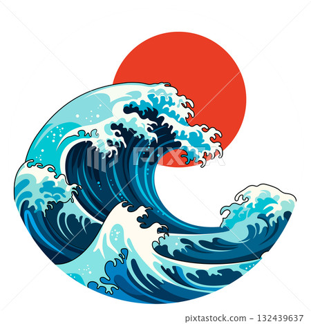 Large Ocean Wave with Red Sun Vector Illustration 132439637