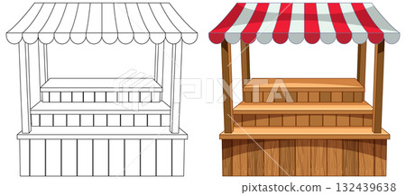 Wooden Market Stall with Red and White Striped Awning Wooden Market Stall with Red and White Striped Awning 132439638
