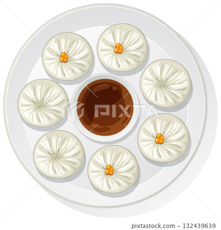 Steamed Asian Dumplings with Dipping Sauce on Plate 132439639