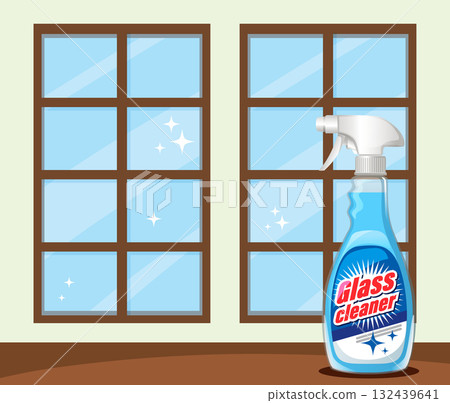 Glass Cleaner Spray Bottle in Front of Shiny Windows 132439641
