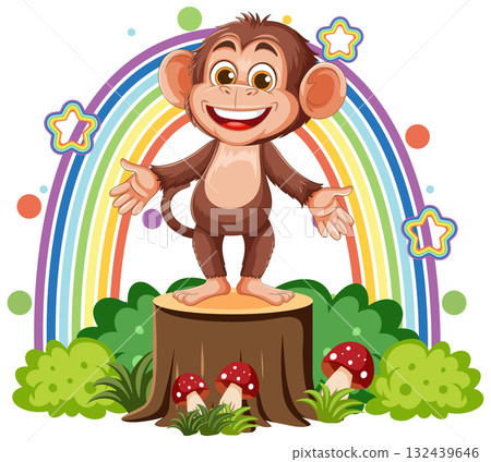 Cartoon Monkey Standing on Tree Stump with Rainbow Cartoon Monkey Standing on Tree Stump with Rainbow 132439646