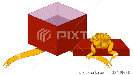 Open Red Gift Box With Yellow Ribbon and Lid 132439658