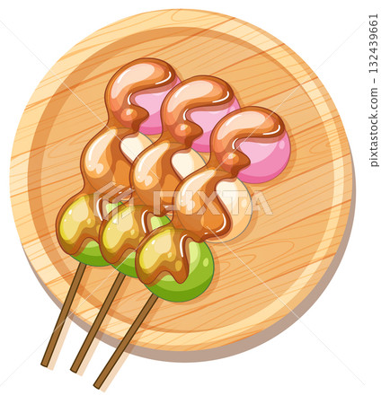 Colorful Dango Skewers with Sweet Sauce on Wooden Plate 132439661