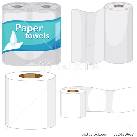 Paper Towel Rolls in Various Packaging and Unrolled Views 132439668