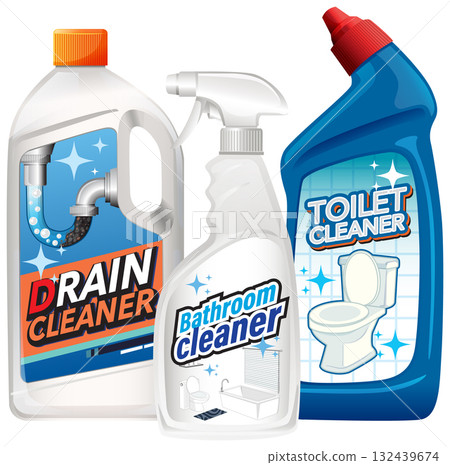 Vector Illustration of Household Drain, Bathroom, and Toilet Cleaners 132439674