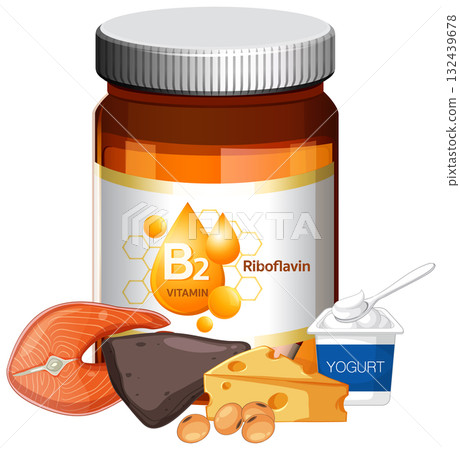 Vitamin B2 Riboflavin Supplement With Food Sources Illustration 132439678