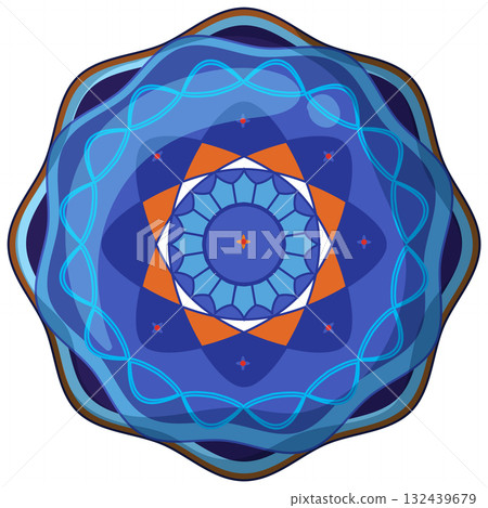 Geometric Blue Mandala with Orange Accents and Floral Center 132439679