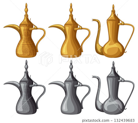 Traditional Arabic Coffee Pots in Gold and Silver Vector Set 132439683