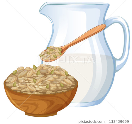Oatmeal Breakfast with Wooden Bowl and Milk Pitcher Oatmeal Breakfast with Wooden Bowl and Milk Pitcher 132439699