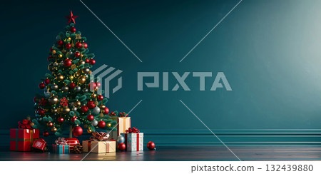 Christmas Tree with Decorations And Gift background, Happy Christmas Day - Ai Generated 132439880