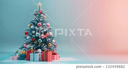 Christmas Tree with Decorations And Gift background, Happy Christmas Day - Ai Generated 132439882