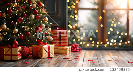 Christmas Tree with Decorations And Gift background, Happy Christmas Day - Ai Generated Christmas Tree with Decorations And Gift background, Happy Christmas Day - Ai Generated 132439883