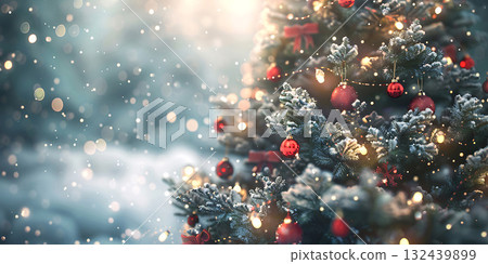 Christmas Tree with Decorations background, Happy Christmas Day - Ai Generated 132439899