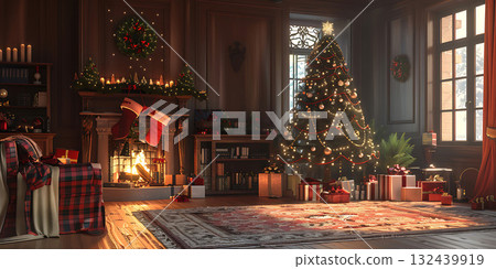 Christmas decoration background with Trees, Garlands, Balls, Happy Christmas Day - Ai Generated Christmas decoration background with Trees, Garlands, Balls, Happy Christmas Day - Ai Generated 132439919