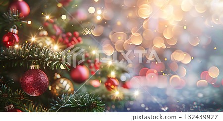 Christmas decoration background with Trees, Garlands, Balls, Happy Christmas Day - Ai Generated Christmas decoration background with Trees, Garlands, Balls, Happy Christmas Day - Ai Generated 132439927