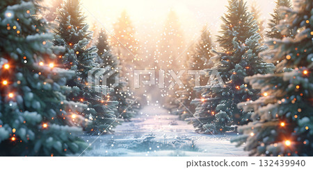 Christmas trees with garlands and snowy flakes background, Happy Christmas Day - Ai Generated Christmas trees with garlands and snowy flakes background, Happy Christmas Day - Ai Generated 132439940