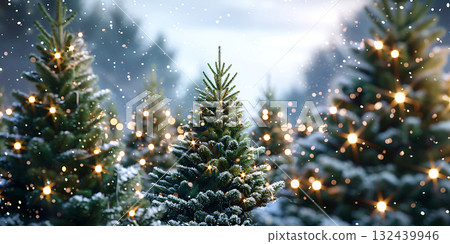 Christmas trees with garlands and snowy flakes background, Happy Christmas Day - Ai Generated Christmas trees with garlands and snowy flakes background, Happy Christmas Day - Ai Generated 132439946