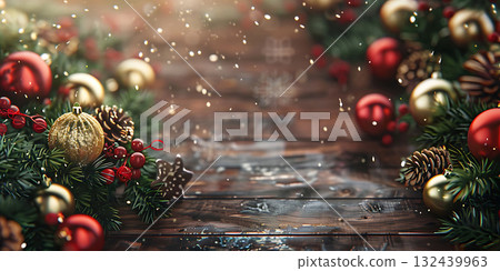 Christmas wooden decoration ornament horizontal with copy space background, Happy Christmas Day - Ai Generated 132439963