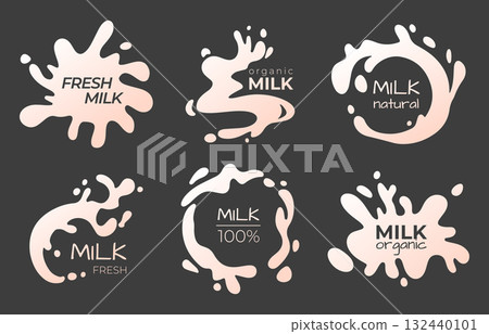 Milk splash labels set on black background Milk splash labels set on black background 132440101