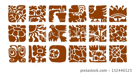 Brown boho tiles - organic motifs in square frames 132440123