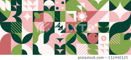 Modern bauhaus geometric pattern with plant motifs 132440125
