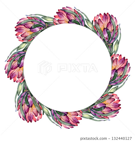 Watercolor floral wreath with protea flowers and green leaves, round botanical frame for wedding invitations, greeting cards, logo design, natural floral border, hand-painted illustration on white 132440127