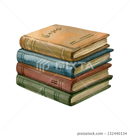 Stack of Colorful Books Isolated Hand Drawn Watercolor Painting Illustration Vintage Cottagecore style 132440134