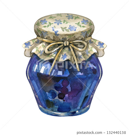 Home made blueberry jam illustration. Watercolor jam jar design isolated on a white background. Forrest berries sweets. Handmade rustic jam. 132440138