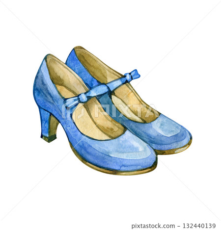Watercolor illustration of vintage blue Mary Jane shoes with low heel and bow, retro elegant feminine footwear, hand-painted fashion accessory isolated on white background. 132440139