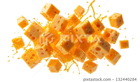 Cubes of Swiss cheese splashing in golden liquid isolated on a transparent background diced food Cubes of Swiss cheese splashing in golden liquid isolated on a transparent background diced food 132440284