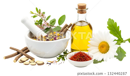 Mortar pestle with herbs oil bottle and chamomile flower isolated on a transparent background Mortar pestle with herbs oil bottle and chamomile flower isolated on a transparent background 132440287