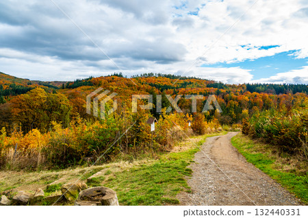 Autumn countryside near Luhacovice, Czech Republic, with colorful forests, meadows, and gentle hills in shades of red, orange, and yellow at the beginning of fall. Autumn countryside near Luhacovice, Czech Republic, with colorful forests, meadows, and gentle hills in shades of red, orange, and yellow at the beginning of fall. 132440331