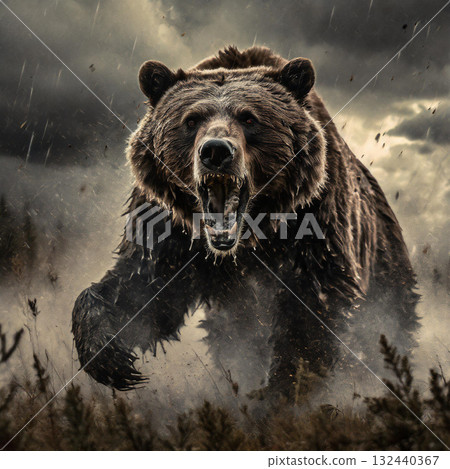 咆哮兇猛的熊的插圖，AI 生成的圖像 132440367