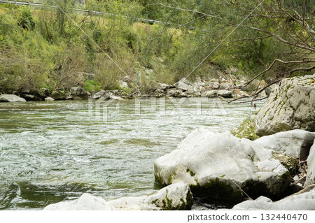 Leisurely Flow of River, Water Relaxing Nature Scene 132440470