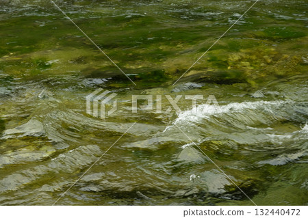 Clean Rapid River Flowing with Splashing Water 132440472