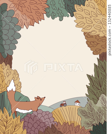 Doodle Autumn hand drawn forest frame in linear style. Fall floral border with place for text. Vector illustration. 132440885