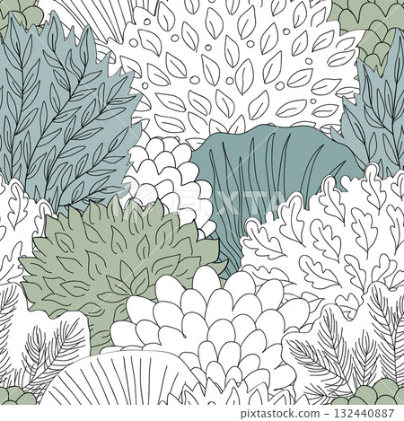 Doodle hand drawn forest in linear style. Seamless floral pattern. Vector illustration 132440887