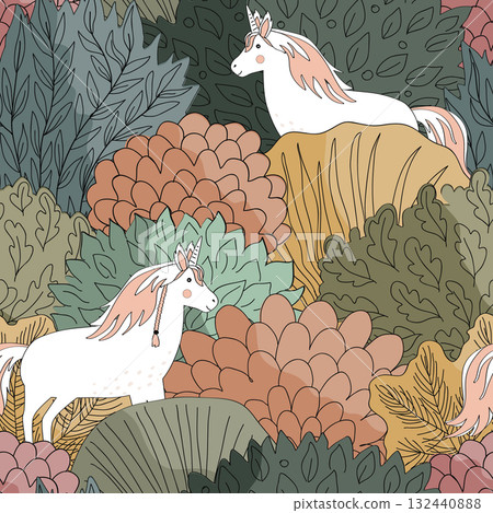 Doodle Autumn hand drawn forest and unicorns seamless pattern. Fairy Fall floral background with cartoon trees and fairy animals. Vector illustration 132440888