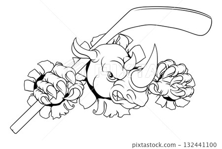 Rhino Rhinoceros Ice Hockey Cartoon Sports Mascot Rhino Rhinoceros Ice Hockey Cartoon Sports Mascot 132441100