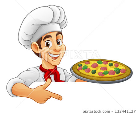Chef Pizza Cook Serving Plate Cartoon Man Pointing 132441127