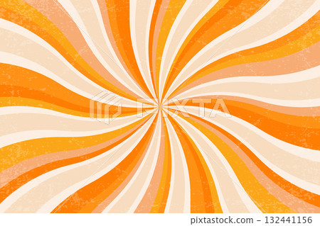 Retro sun background with pattern of groovy radial rays. Textured carnival summer psychedelic bg. Abstract 70s wavy striped orange grunge poster. Retro sun background with pattern of groovy radial rays. Textured carnival summer psychedelic bg. Abstract 70s wavy striped orange grunge poster. 132441156