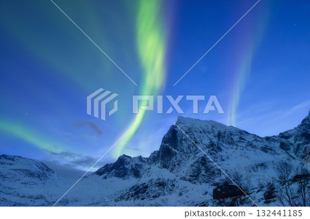 Aurora Borealis. Northern lights and starry sky. Nature on the north. Scandinavian countries. Aurora Borealis. Northern lights and starry sky. Nature on the north. Scandinavian countries. 132441185