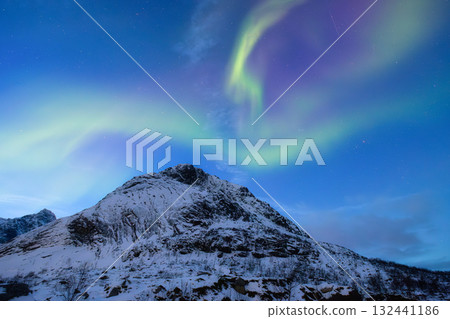 Aurora Borealis. Northern lights and starry sky. Nature on the north. Scandinavian countries. 132441186