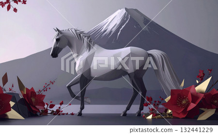 Low-poly art of Mt. Fuji and Hakuba | A sophisticated, modern Japanese Year of the Horse design 132441229