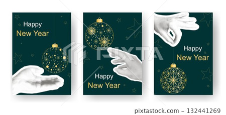 Set modern New Year's cards in collage style 132441269